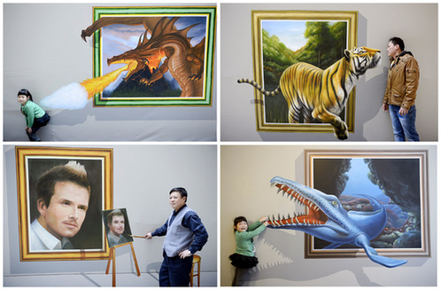 市民在3d立体画前留影(拼版照片,12月16日摄).新华网图片 王鹏 摄