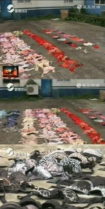 【小偷半年偷了200多件女性内衣 赃物排满一地】浙江民警抓获了偷盗女性内衣的犯罪嫌疑人，缴获女性文胸200多个，女性内裤20多条。民警将缴获的赃物摆开取证，只见满地的内衣内裤宛如内衣博览会现场。