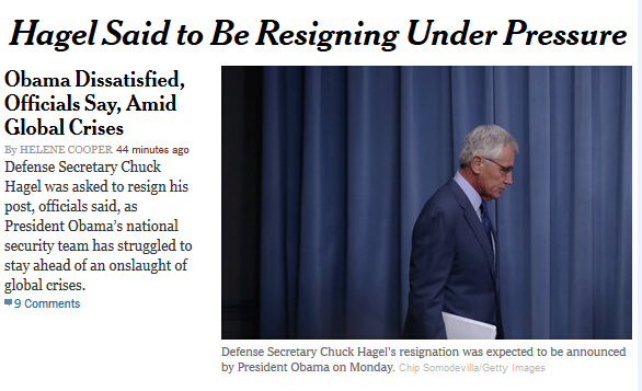 奥巴马要求美国国防部长哈格尔辞职