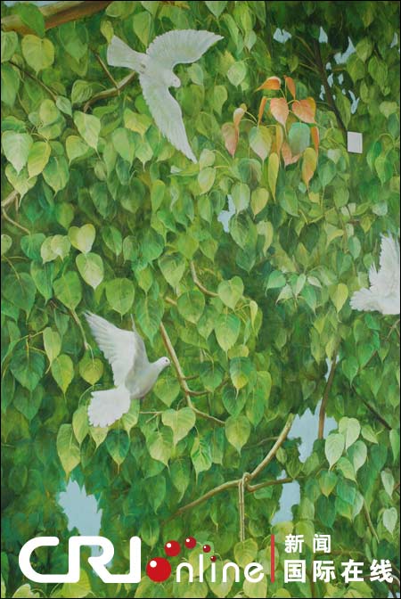 长安塔内有一巨幅"菩提树"油画,从一层一直伸展到塔顶层,面积约1000